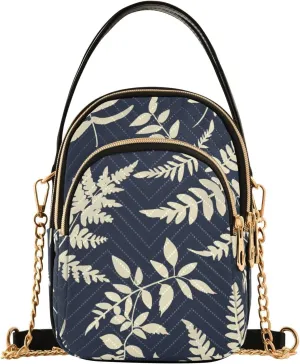 Leaves and Ferns Navy Blue Small Women's Crossbody Purse, Shoulder Bag for Women Handbags Cell Phone Purse