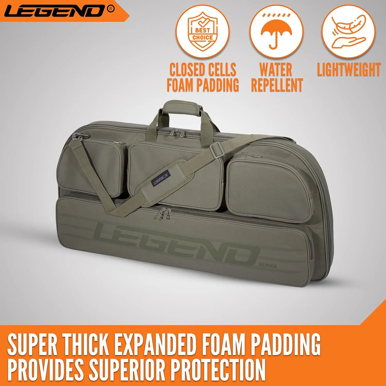 LEGEND Alpha Compound Bow Case - Securely Fits MTM Ultra Compact Arrow Cases - Archery Bow Bag with Back & Shoulder Straps - Includes Cam Protectors, Soft Padding, and Extra Pockets 37"x16.5" Interior