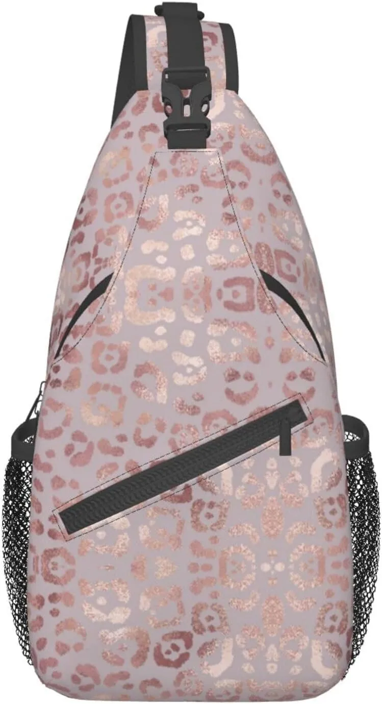 Leopard Print Sling Bag for Women - Elegant Rose Gold Texture Foil Effect Crossbody Bag - Casual Chest Shoulder Backpack Travel Daypack