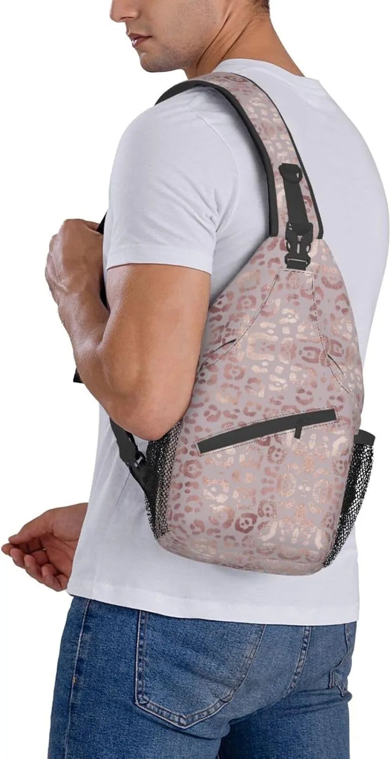 Leopard Print Sling Bag for Women - Elegant Rose Gold Texture Foil Effect Crossbody Bag - Casual Chest Shoulder Backpack Travel Daypack