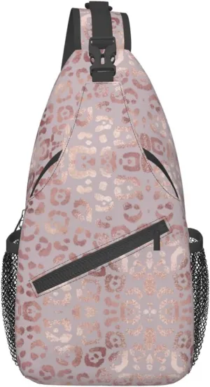 Leopard Print Sling Bag for Women - Elegant Rose Gold Texture Foil Effect Crossbody Bag - Casual Chest Shoulder Backpack Travel Daypack