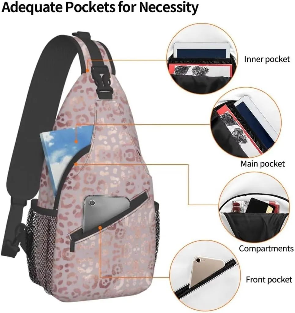 Leopard Print Sling Bag for Women - Elegant Rose Gold Texture Foil Effect Crossbody Bag - Casual Chest Shoulder Backpack Travel Daypack