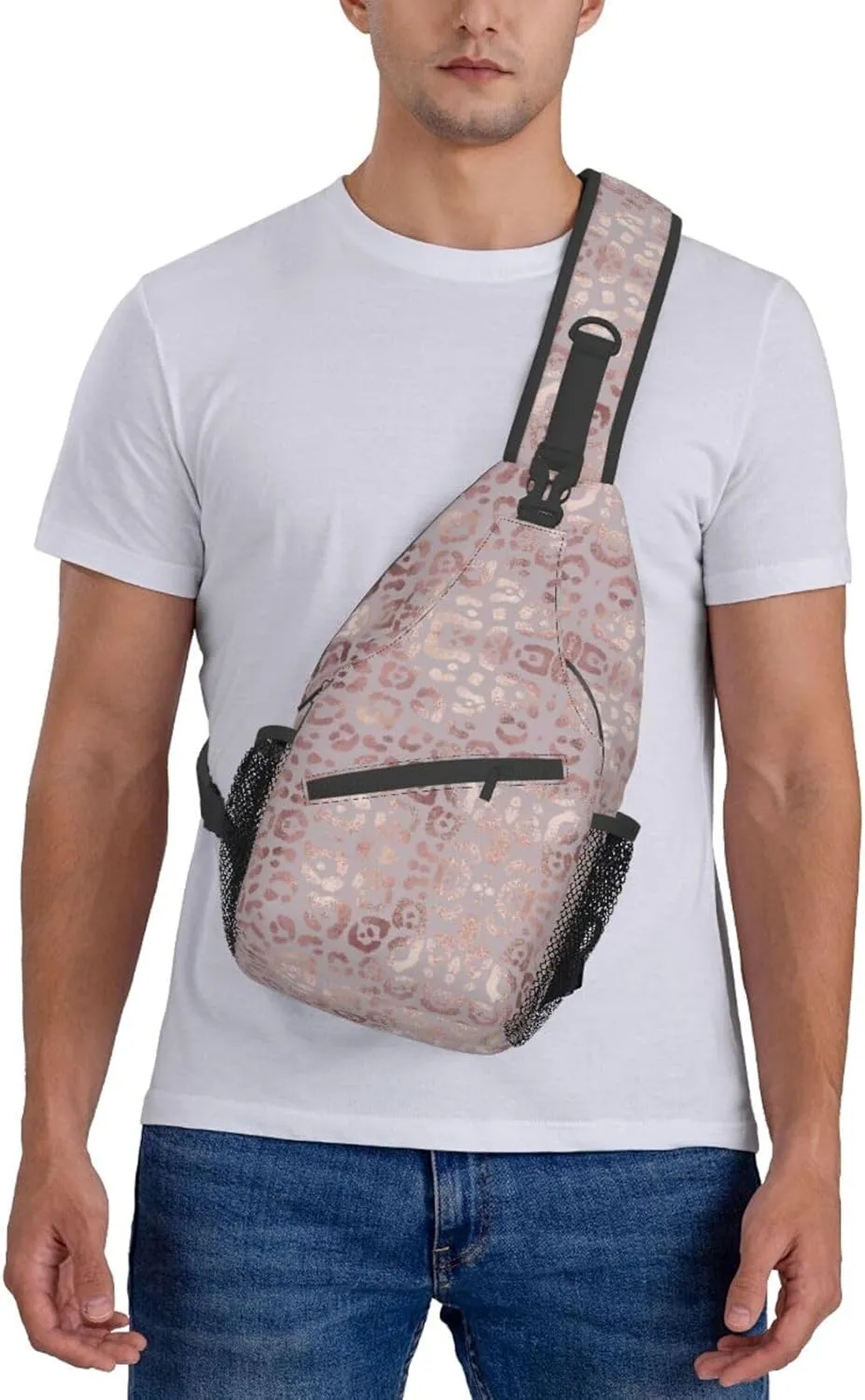 Leopard Print Sling Bag for Women - Elegant Rose Gold Texture Foil Effect Crossbody Bag - Casual Chest Shoulder Backpack Travel Daypack