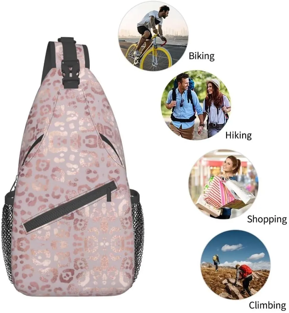 Leopard Print Sling Bag for Women - Elegant Rose Gold Texture Foil Effect Crossbody Bag - Casual Chest Shoulder Backpack Travel Daypack