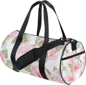 Light Pink Roses with Green Leaves on White Floral Seamless Pattern Portable Gym Bag, Travel Bag, Luggage bag, Sports Bag, Toiletry Bag with Handles, Detachable Shoulder Strap 17.6 x 9 x 9 inch