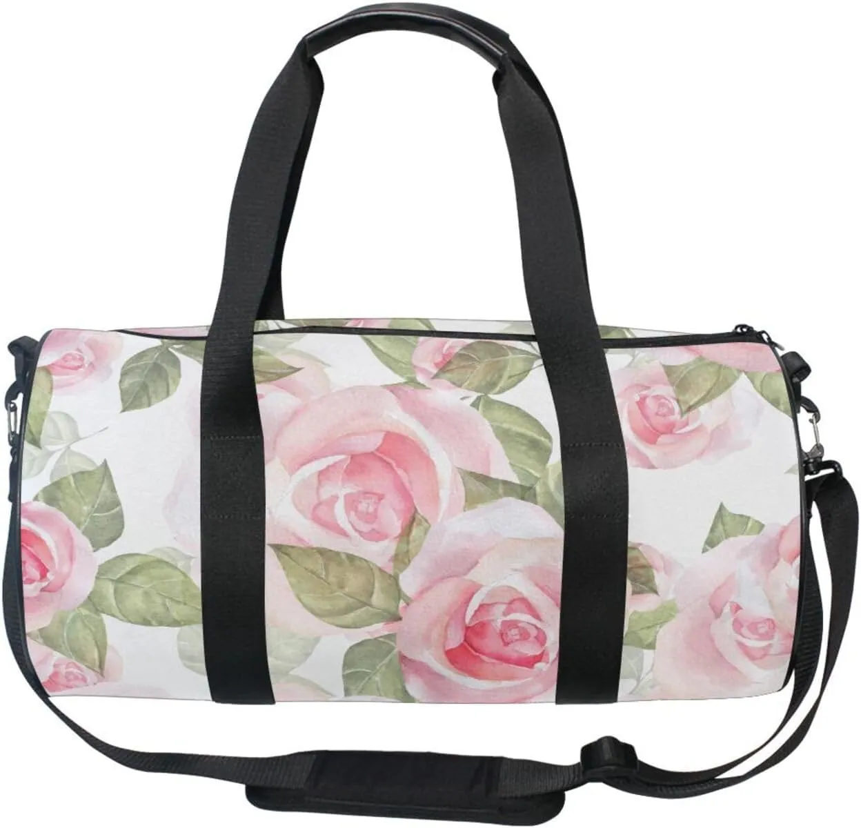 Light Pink Roses with Green Leaves on White Floral Seamless Pattern Portable Gym Bag, Travel Bag, Luggage bag, Sports Bag, Toiletry Bag with Handles, Detachable Shoulder Strap 17.6 x 9 x 9 inch