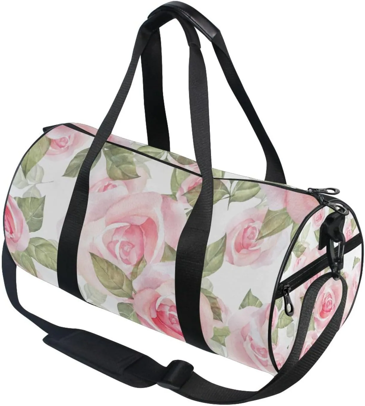 Light Pink Roses with Green Leaves on White Floral Seamless Pattern Portable Gym Bag, Travel Bag, Luggage bag, Sports Bag, Toiletry Bag with Handles, Detachable Shoulder Strap 17.6 x 9 x 9 inch