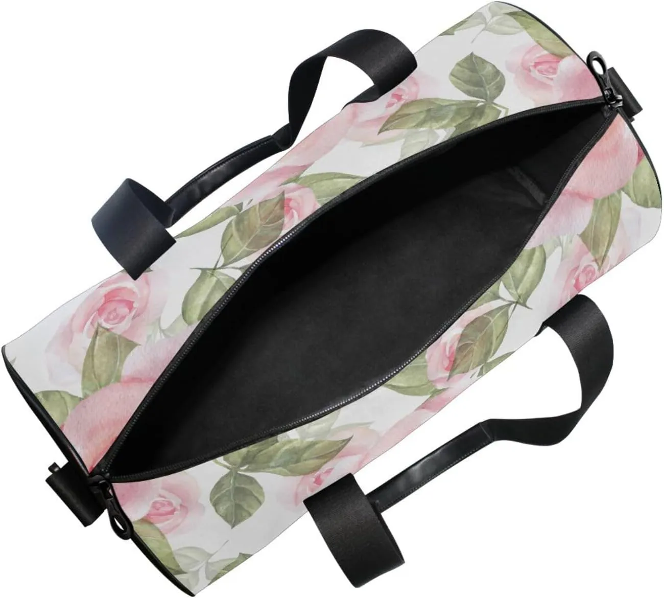 Light Pink Roses with Green Leaves on White Floral Seamless Pattern Portable Gym Bag, Travel Bag, Luggage bag, Sports Bag, Toiletry Bag with Handles, Detachable Shoulder Strap 17.6 x 9 x 9 inch