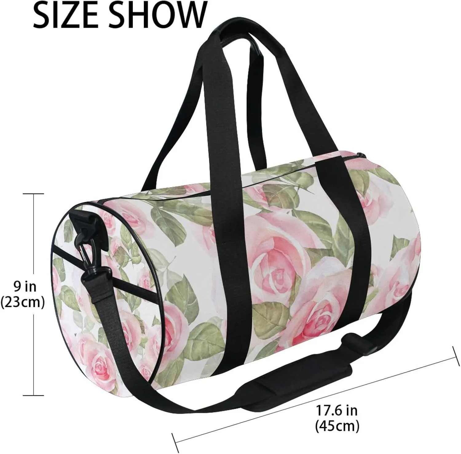 Light Pink Roses with Green Leaves on White Floral Seamless Pattern Portable Gym Bag, Travel Bag, Luggage bag, Sports Bag, Toiletry Bag with Handles, Detachable Shoulder Strap 17.6 x 9 x 9 inch