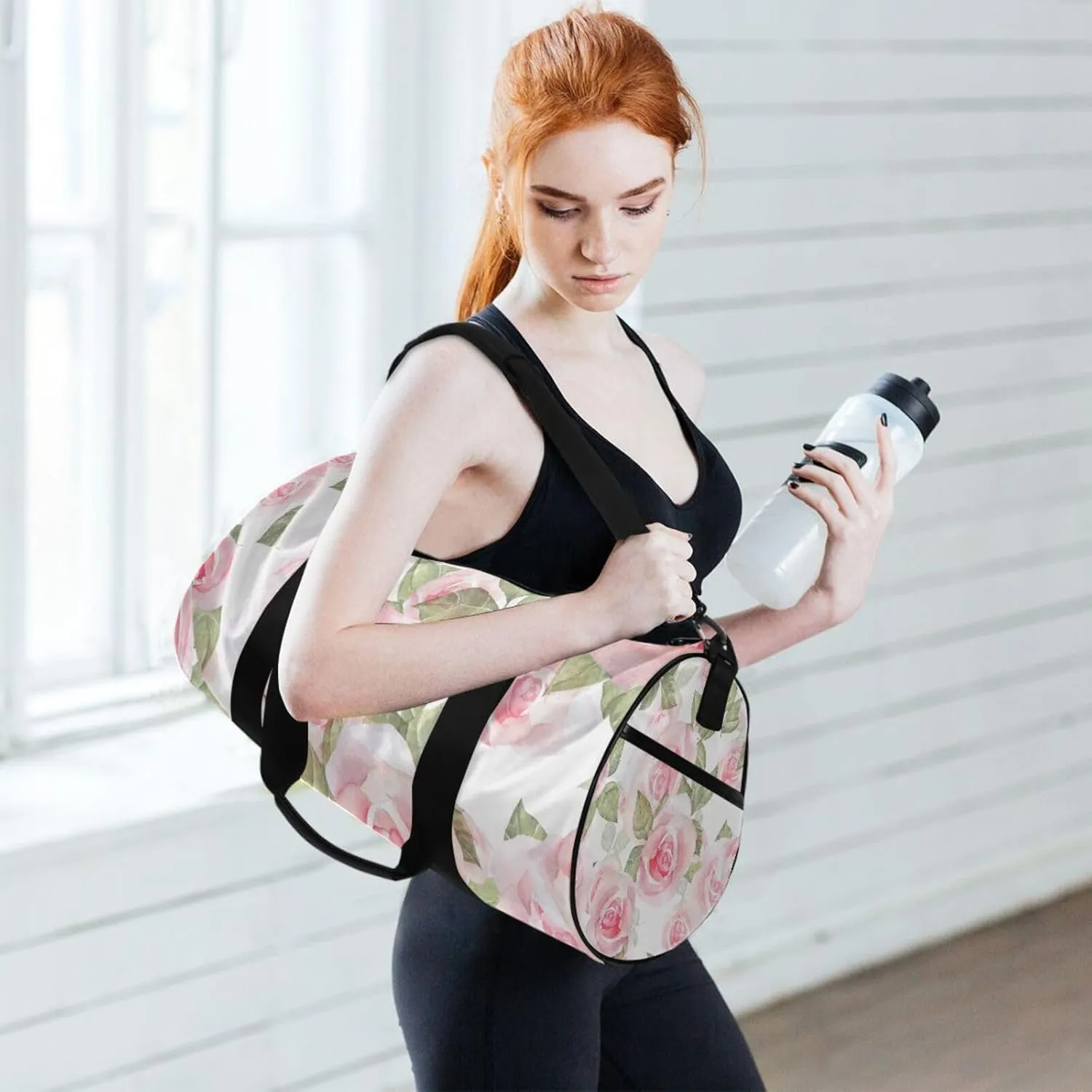 Light Pink Roses with Green Leaves on White Floral Seamless Pattern Portable Gym Bag, Travel Bag, Luggage bag, Sports Bag, Toiletry Bag with Handles, Detachable Shoulder Strap 17.6 x 9 x 9 inch