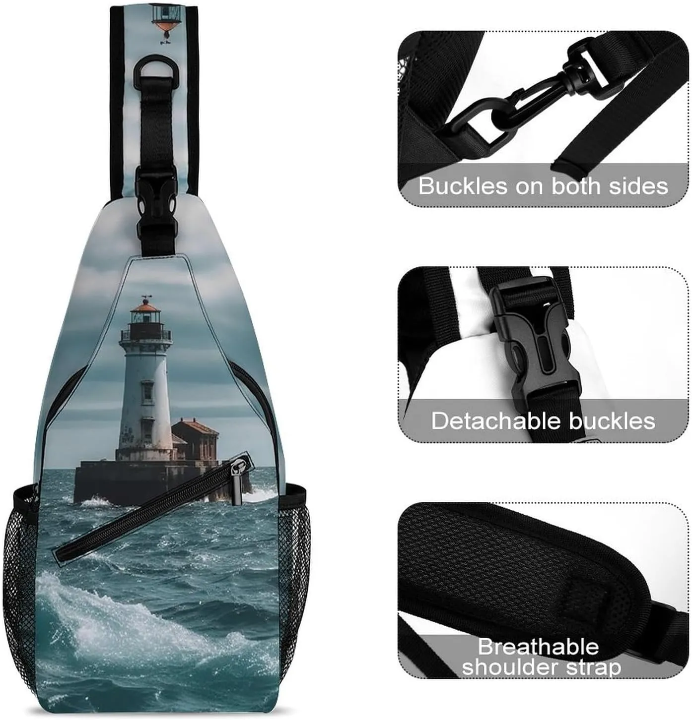 Lightweight Chest Bag Crossbody Bag Lighthouse Ocean Sling Backpack for Women Men Sports Travel
