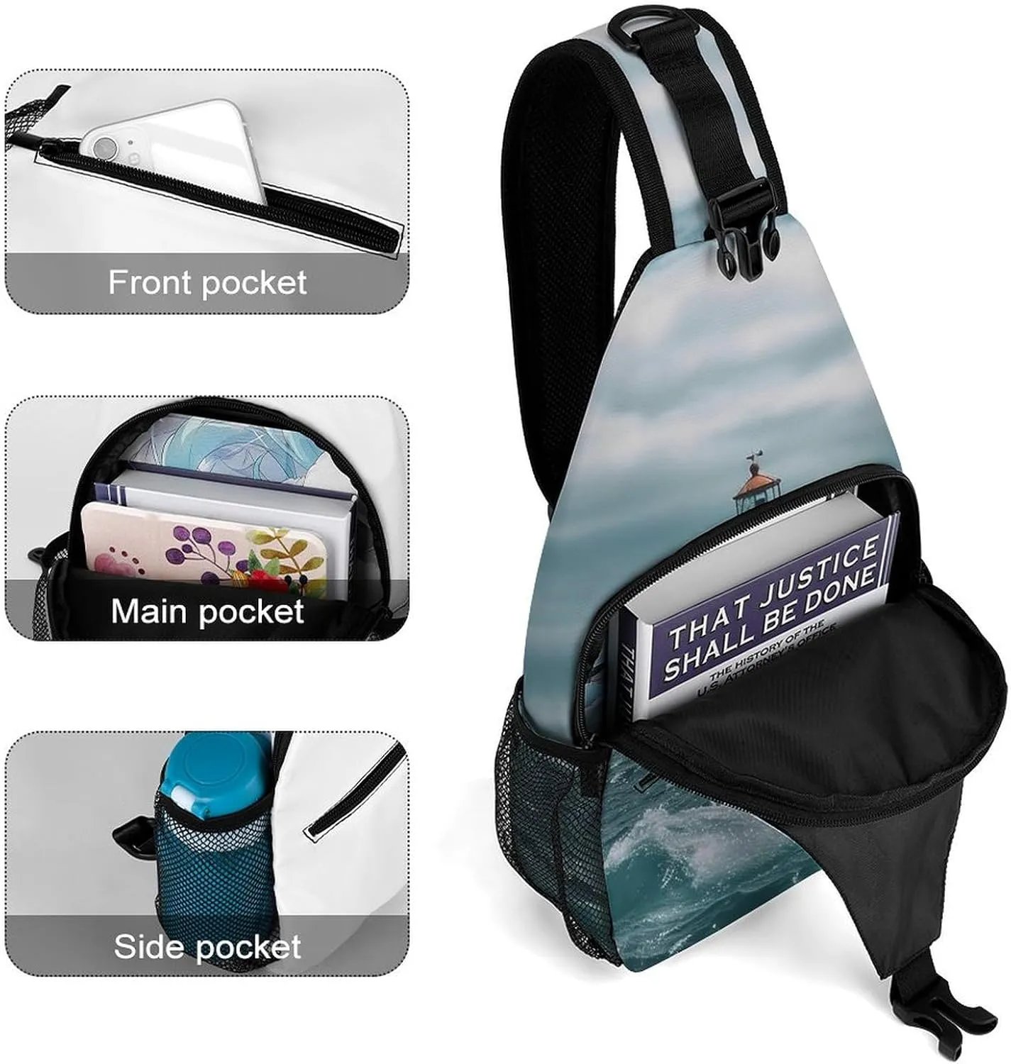 Lightweight Chest Bag Crossbody Bag Lighthouse Ocean Sling Backpack for Women Men Sports Travel