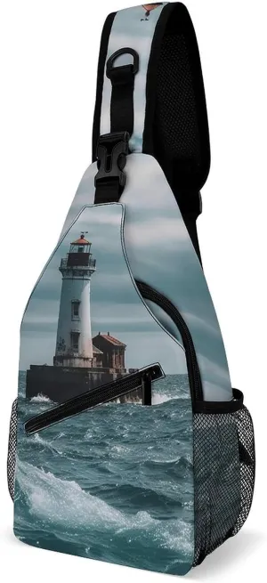 Lightweight Chest Bag Crossbody Bag Lighthouse Ocean Sling Backpack for Women Men Sports Travel