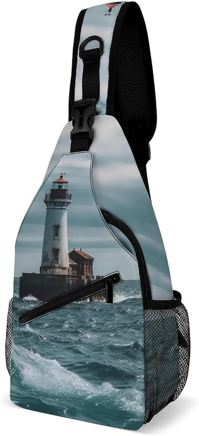 Lightweight Chest Bag Crossbody Bag Lighthouse Ocean Sling Backpack for Women Men Sports Travel