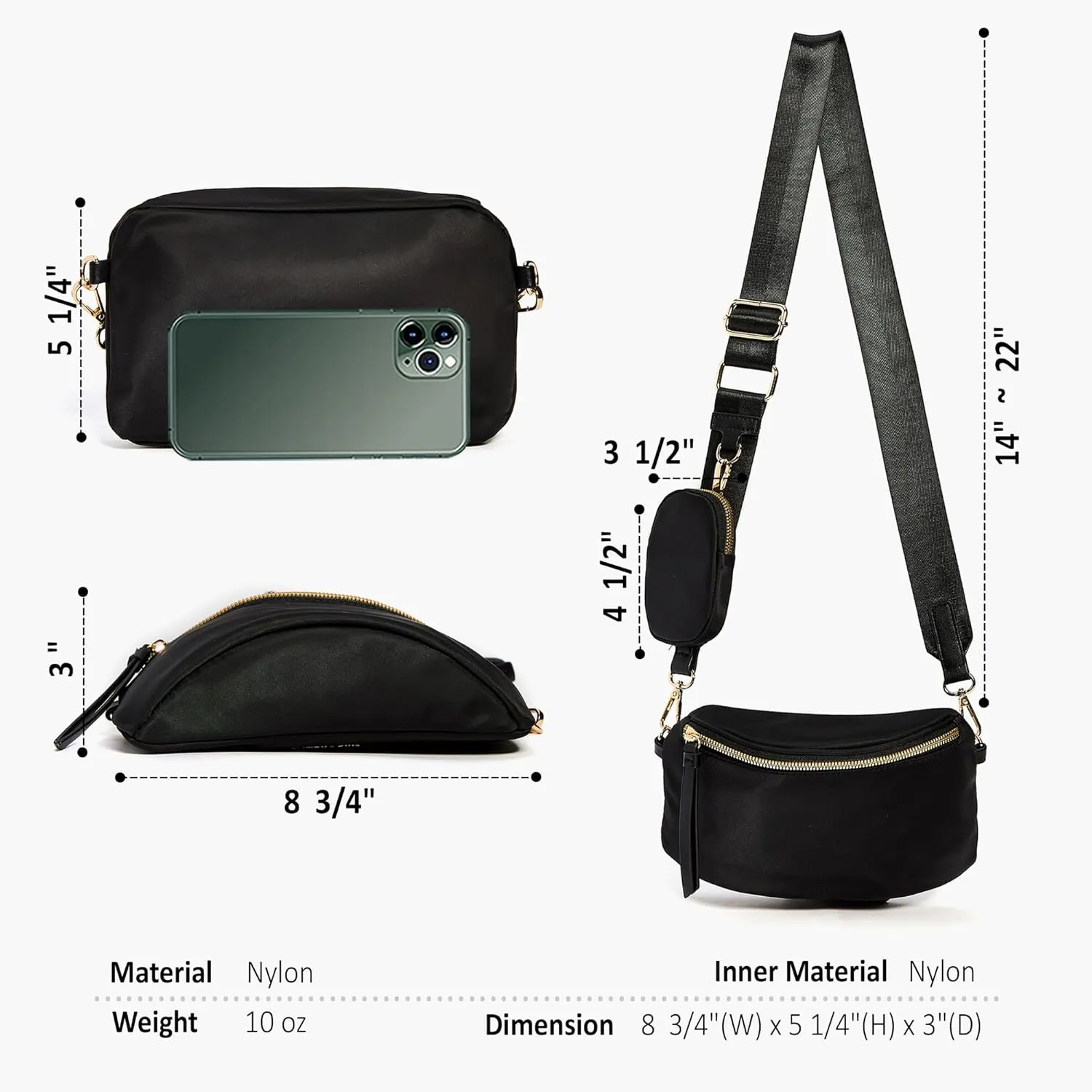 Like Dreams Small Crossbody Bum Bag for Women | Lightweight Nylon Fanny Pack with Detachable Airpods Pouch | Stylish Crossbody Bag (Black)