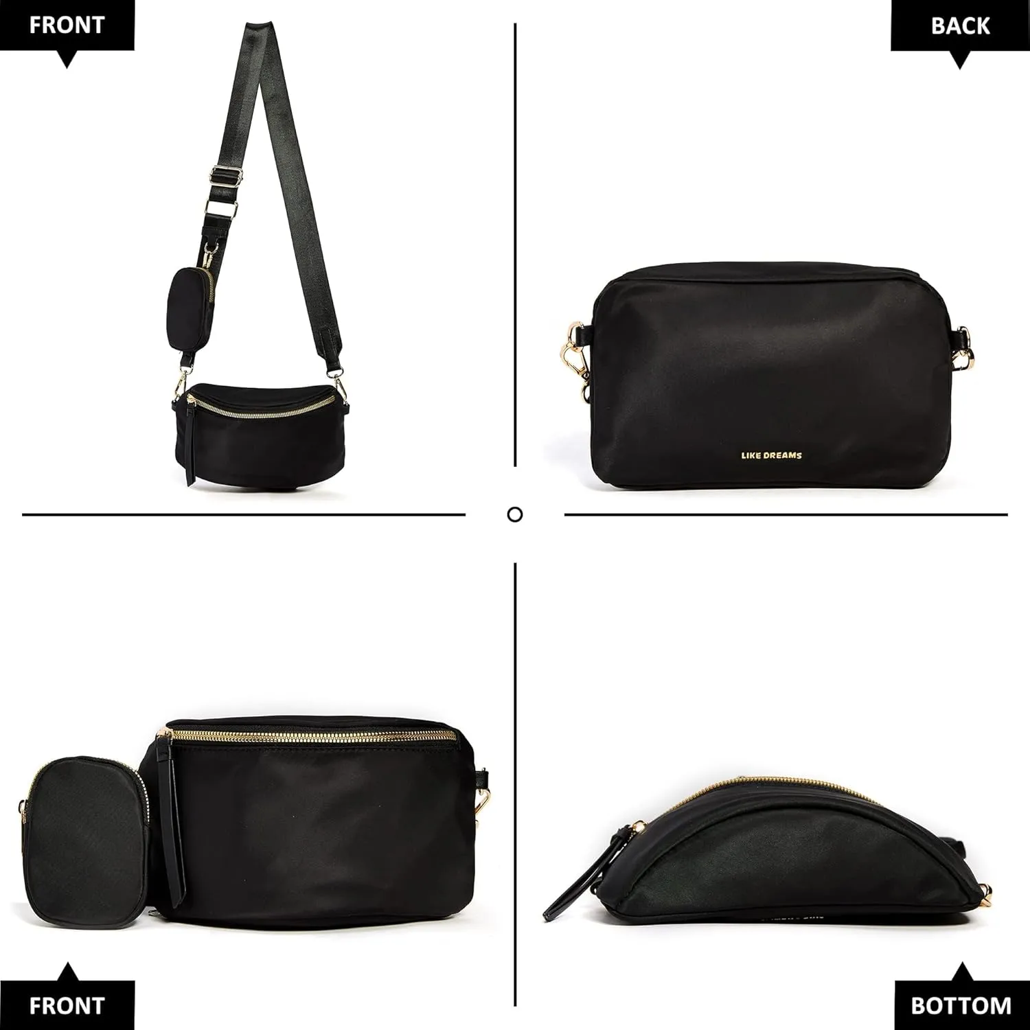 Like Dreams Small Crossbody Bum Bag for Women | Lightweight Nylon Fanny Pack with Detachable Airpods Pouch | Stylish Crossbody Bag (Black)