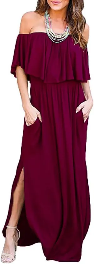 LILBETTER Womens Off The Shoulder Ruffle Party Dresses Side Split Beach Maxi Dress