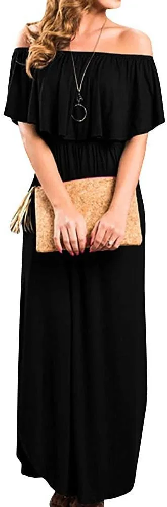 LILBETTER Womens Off The Shoulder Ruffle Party Dresses Side Split Beach Maxi Dress