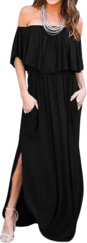 LILBETTER Womens Off The Shoulder Ruffle Party Dresses Side Split Beach Maxi Dress