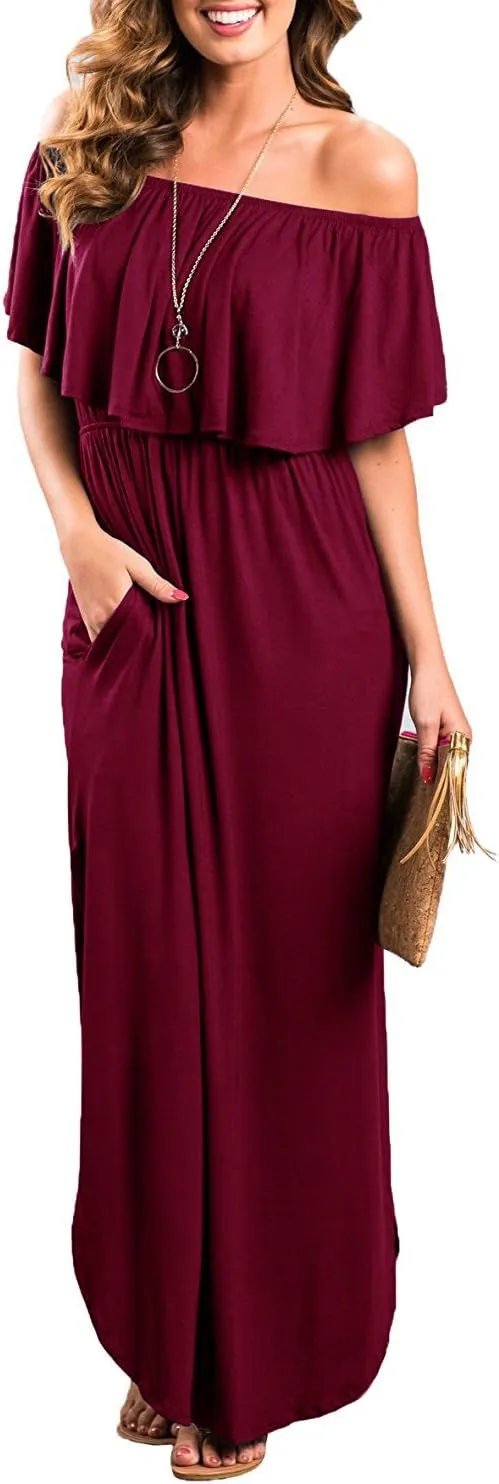 LILBETTER Womens Off The Shoulder Ruffle Party Dresses Side Split Beach Maxi Dress