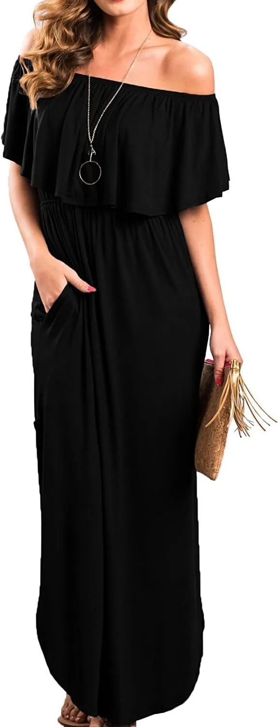 LILBETTER Womens Off The Shoulder Ruffle Party Dresses Side Split Beach Maxi Dress