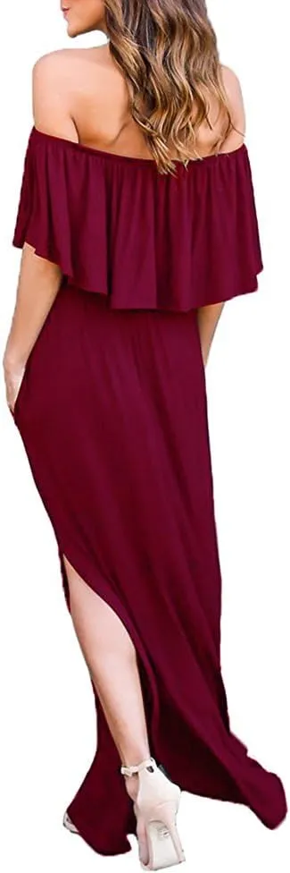 LILBETTER Womens Off The Shoulder Ruffle Party Dresses Side Split Beach Maxi Dress