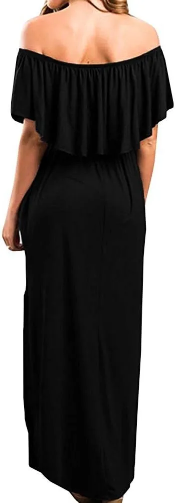 LILBETTER Womens Off The Shoulder Ruffle Party Dresses Side Split Beach Maxi Dress