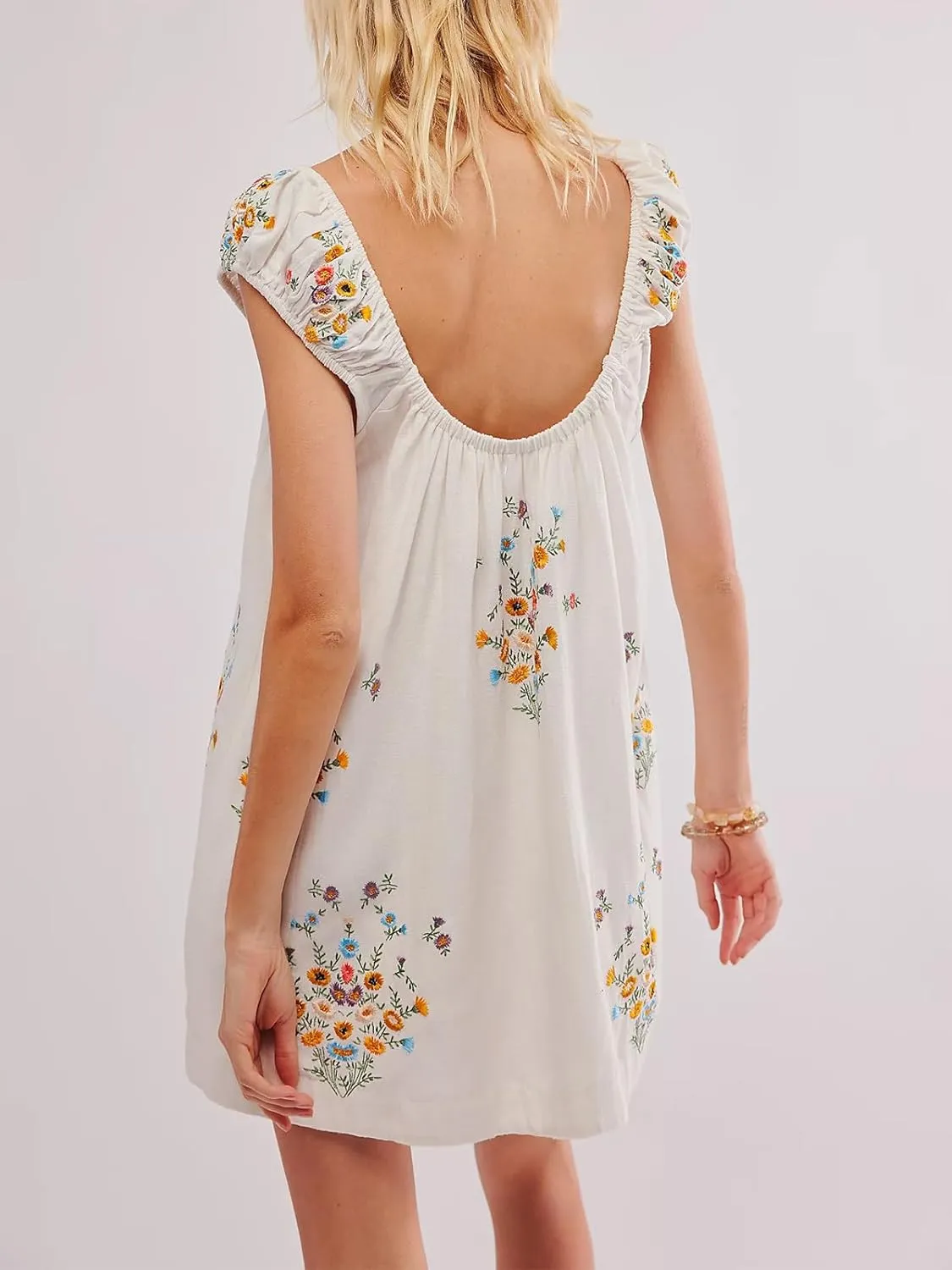 Linen Mini Cute Dress Womens Floral Embroidered Dress with Crew Neck and Sleeveless Casual Guest Vintage Dresses