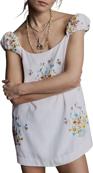 Linen Mini Cute Dress Womens Floral Embroidered Dress with Crew Neck and Sleeveless Casual Guest Vintage Dresses