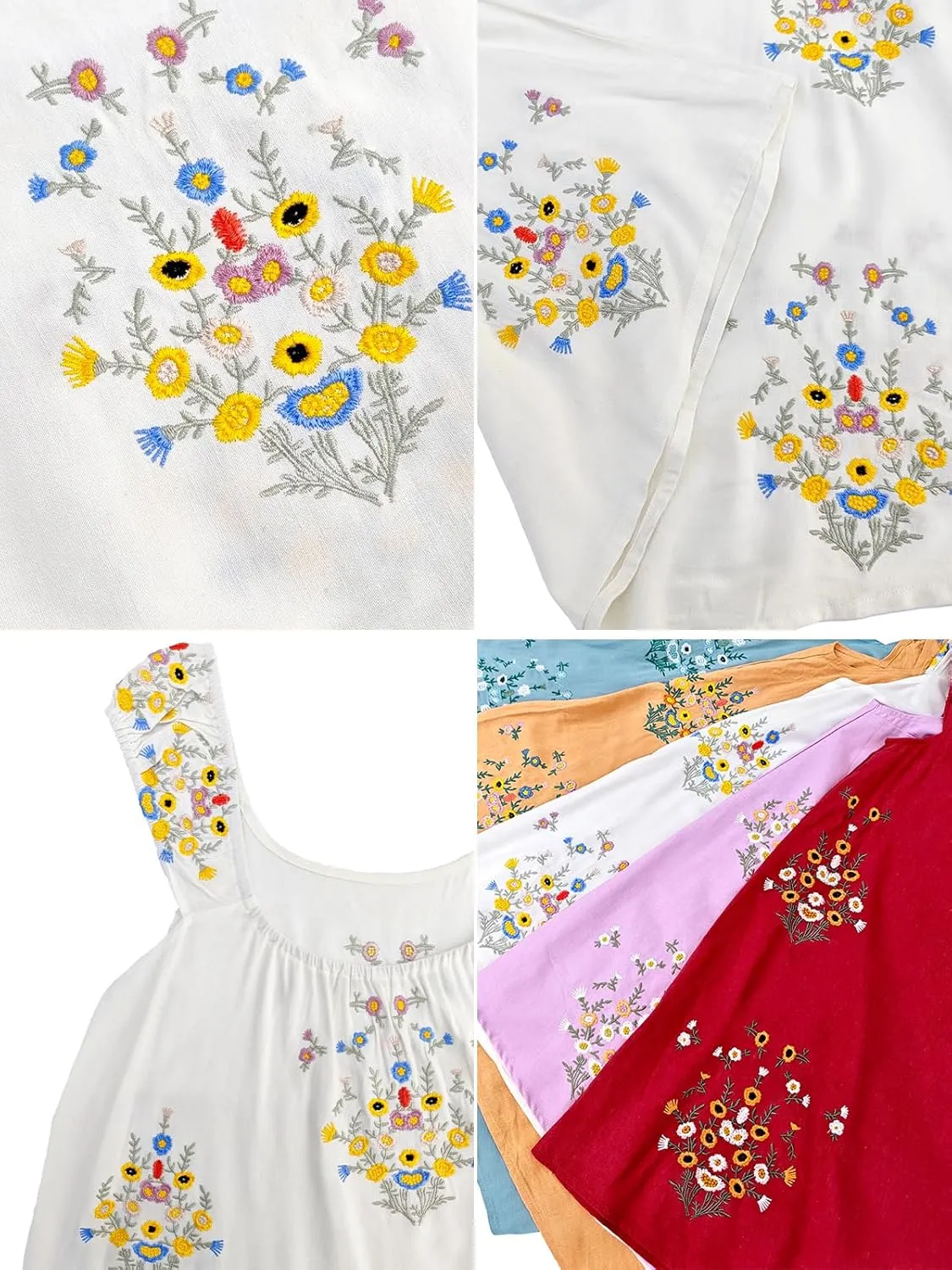 Linen Mini Cute Dress Womens Floral Embroidered Dress with Crew Neck and Sleeveless Casual Guest Vintage Dresses