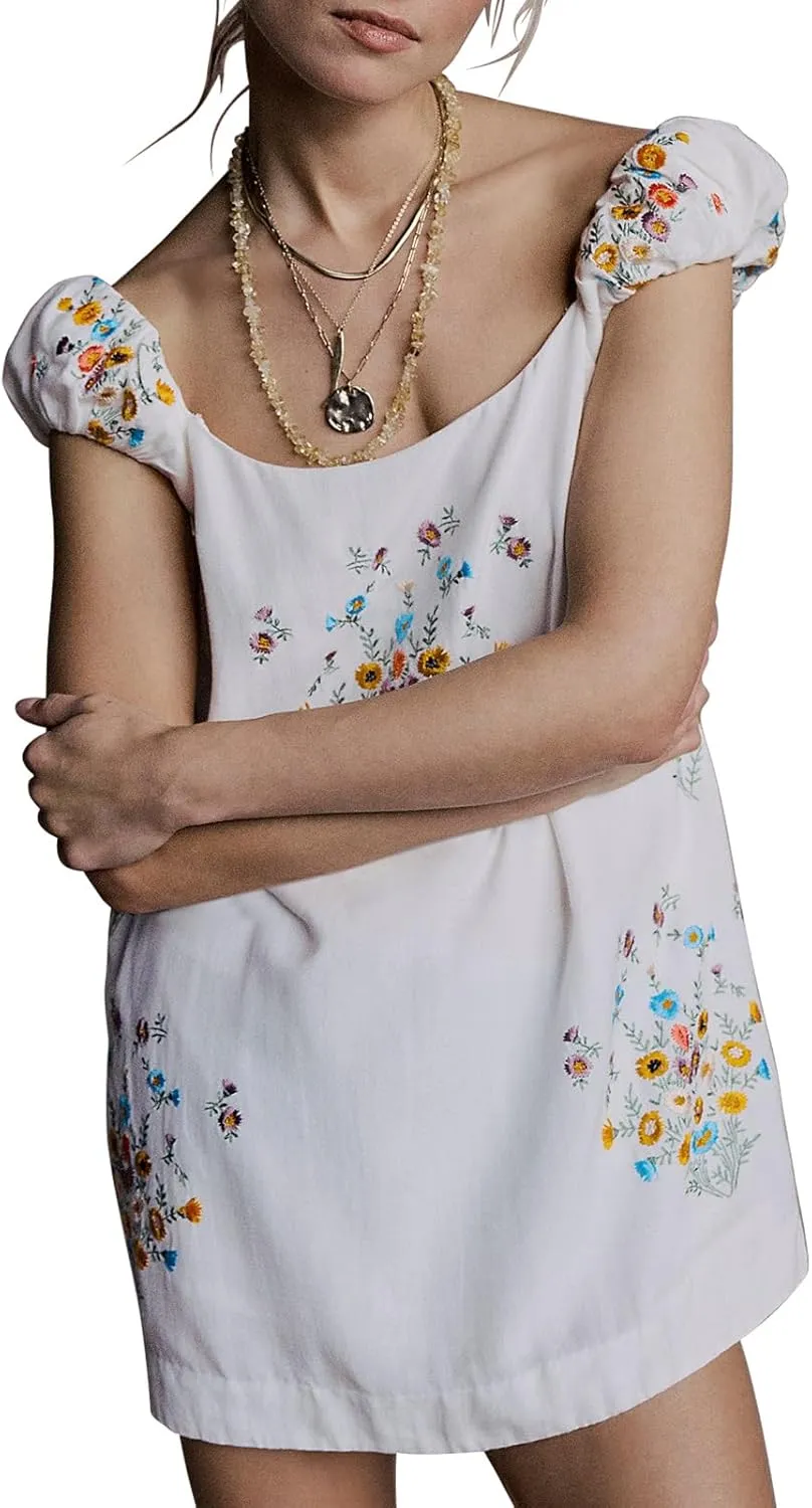 Linen Mini Cute Dress Womens Floral Embroidered Dress with Crew Neck and Sleeveless Casual Guest Vintage Dresses
