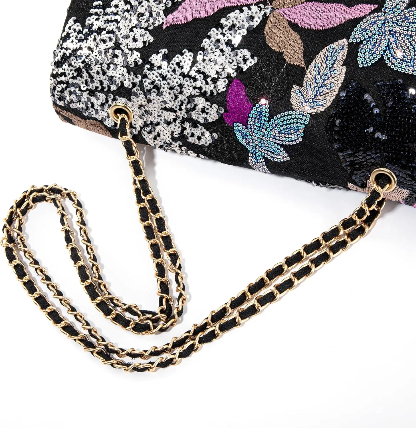 Linen Sequin Embroidered Floral Shoulder Bag with Turn-Lock Flap for Wedding Party