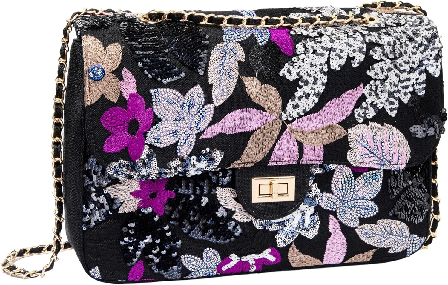 Linen Sequin Embroidered Floral Shoulder Bag with Turn-Lock Flap for Wedding Party