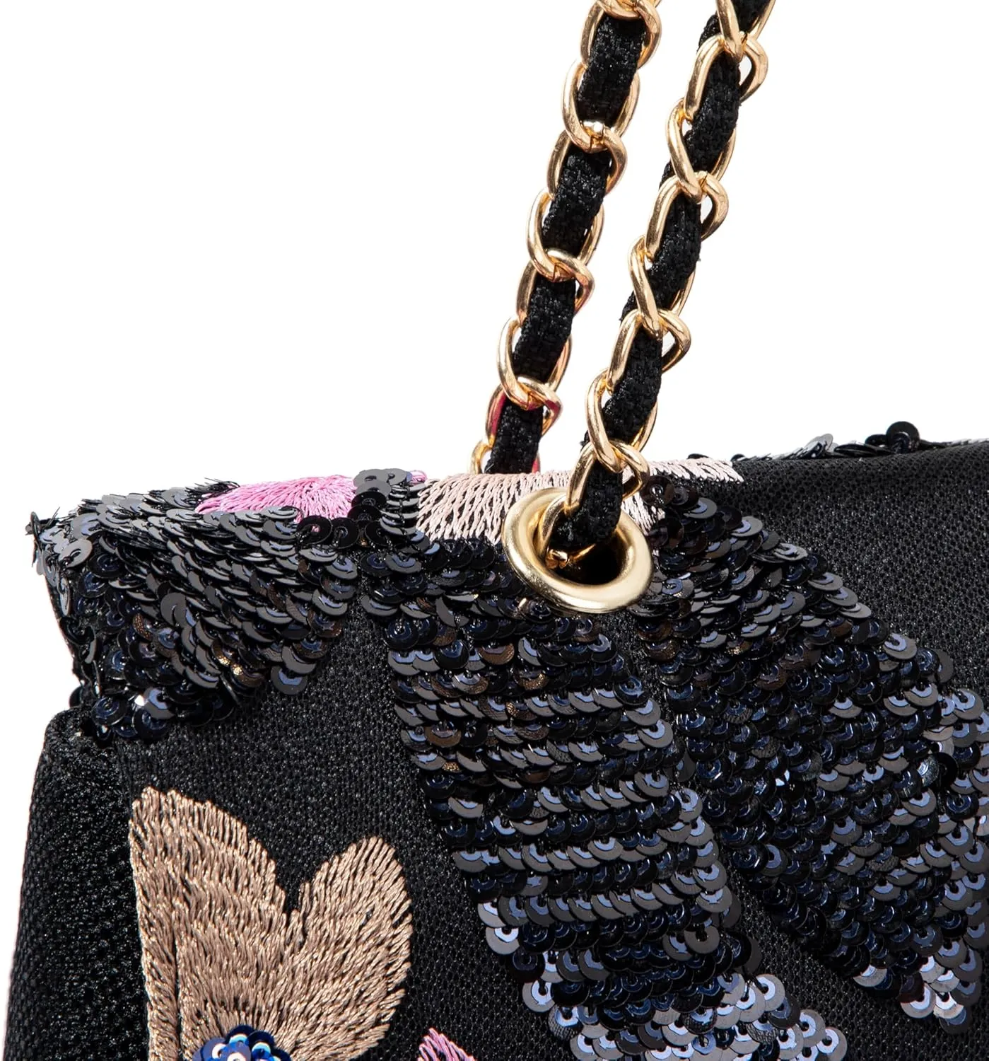 Linen Sequin Embroidered Floral Shoulder Bag with Turn-Lock Flap for Wedding Party