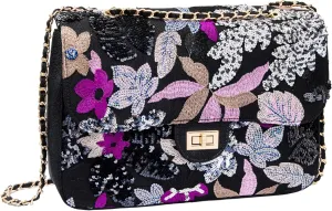 Linen Sequin Embroidered Floral Shoulder Bag with Turn-Lock Flap for Wedding Party