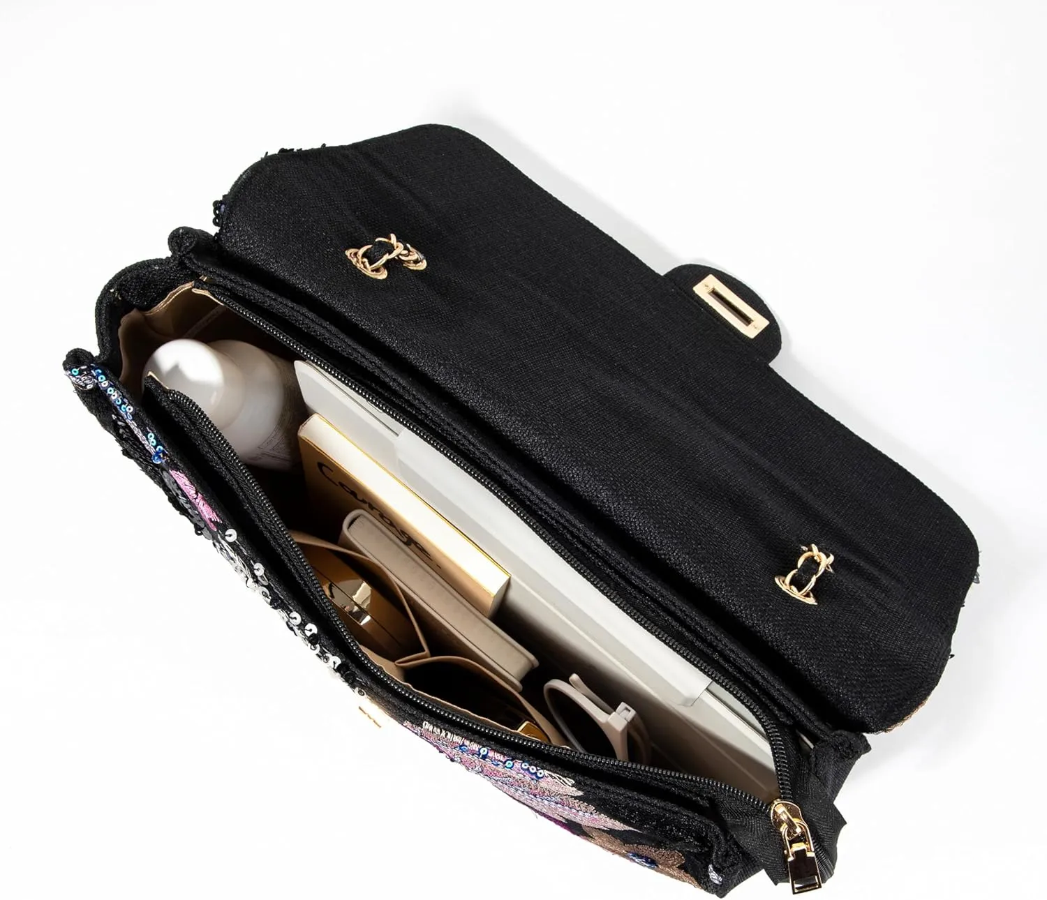 Linen Sequin Embroidered Floral Shoulder Bag with Turn-Lock Flap for Wedding Party