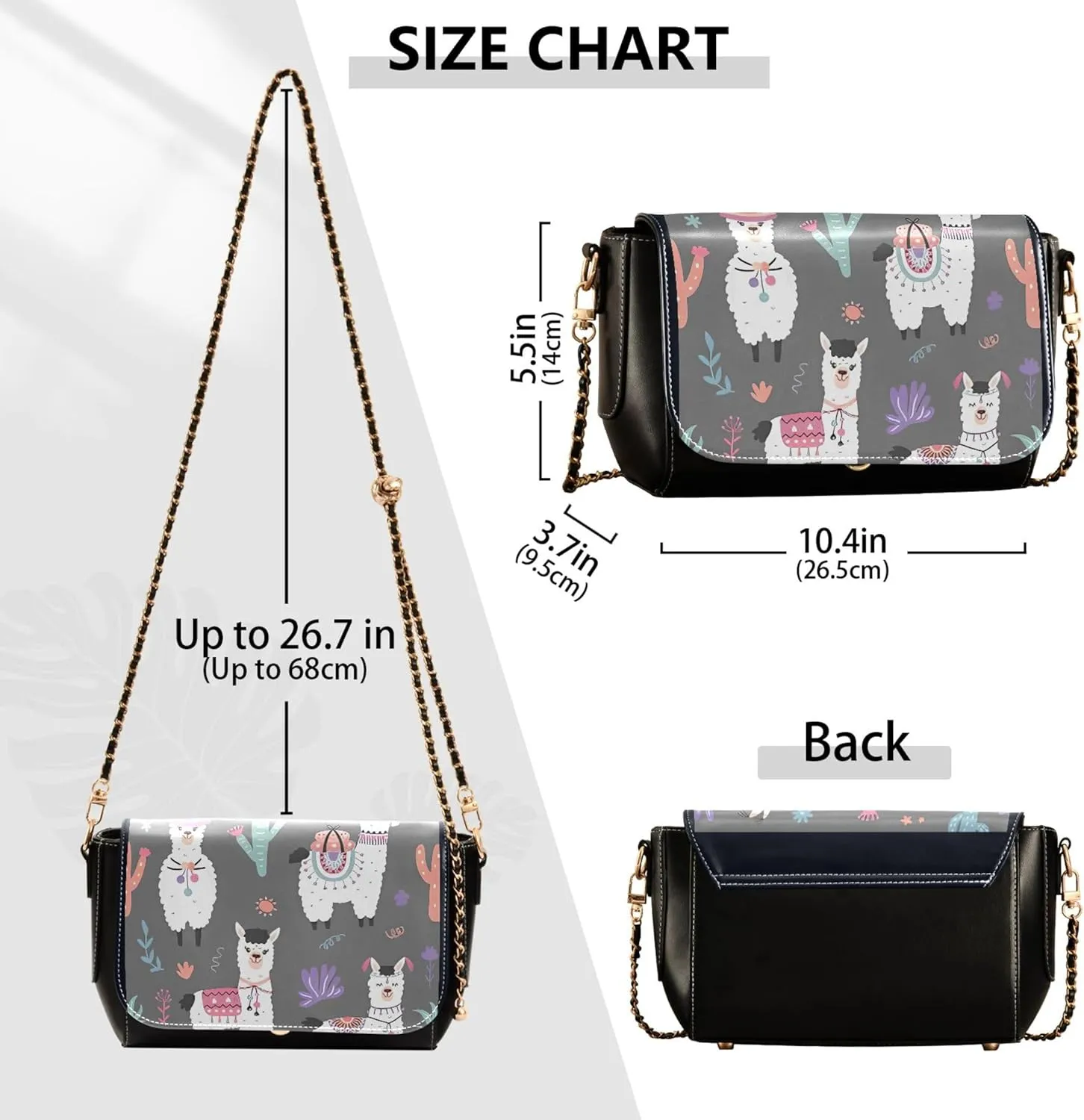 Llama Alpaca Cactus Cute Shoulder Leather Bags Black Women Crossbody Bag Purses Phone Handbags with Chain Strap