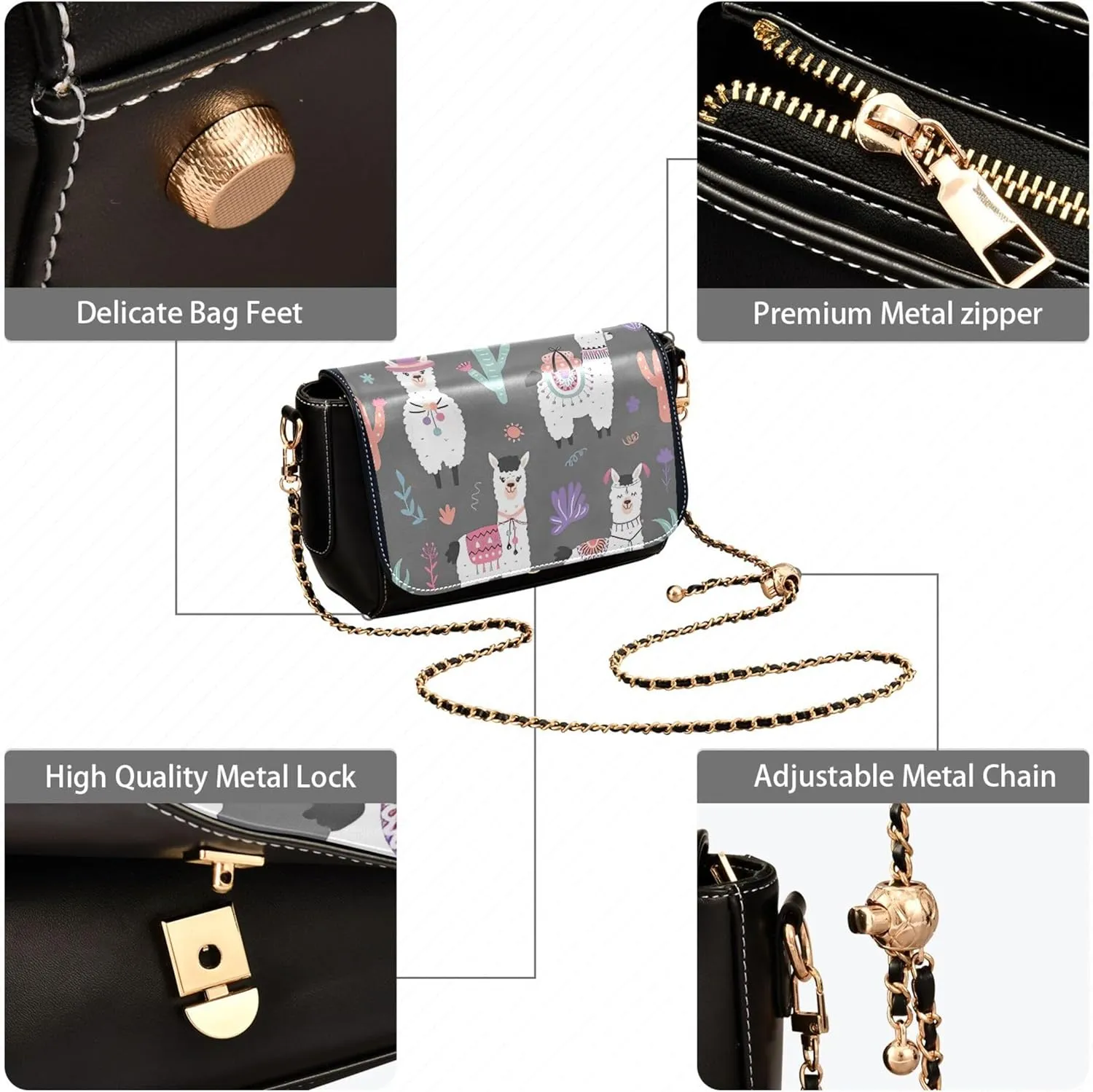 Llama Alpaca Cactus Cute Shoulder Leather Bags Black Women Crossbody Bag Purses Phone Handbags with Chain Strap