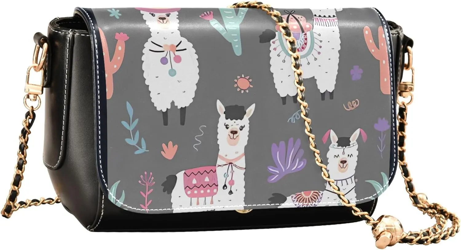 Llama Alpaca Cactus Cute Shoulder Leather Bags Black Women Crossbody Bag Purses Phone Handbags with Chain Strap