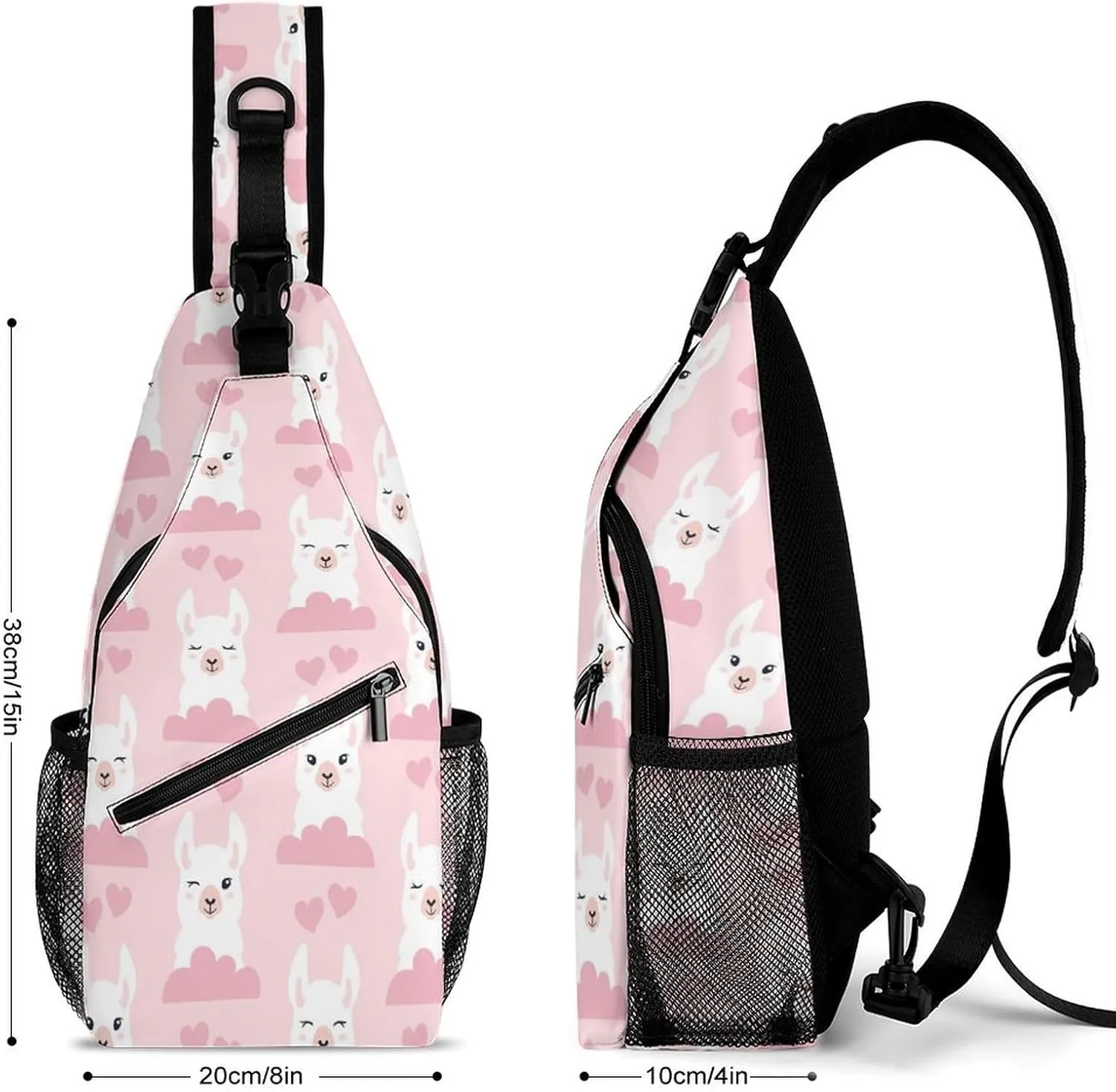 Llamas, Clouds And Hears Pattern Sling Backpack, Crossbody Shoulder Bag, Chest Bags for Outdoor Travel Fitness, 38x20cm, Style