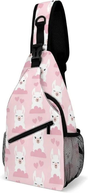 Llamas, Clouds And Hears Pattern Sling Backpack, Crossbody Shoulder Bag, Chest Bags for Outdoor Travel Fitness, 38x20cm, Style
