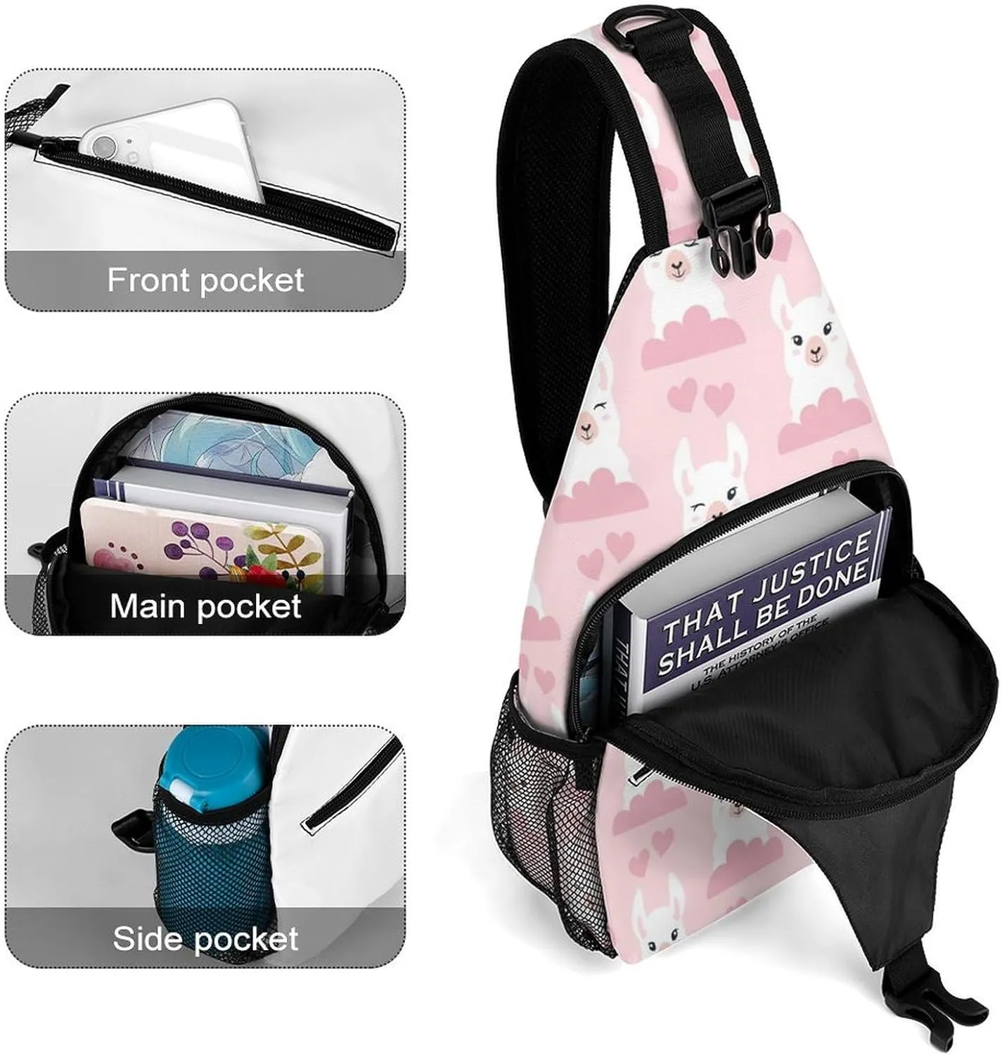 Llamas, Clouds And Hears Pattern Sling Backpack, Crossbody Shoulder Bag, Chest Bags for Outdoor Travel Fitness, 38x20cm, Style