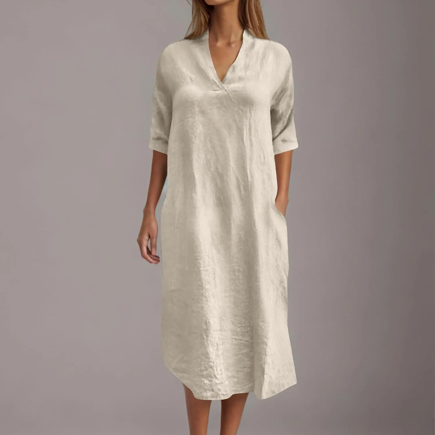 Lmdudan Linen Maxi Dress for Women Summer Lightweight Dress Loose V Neck Long Sleeve Casual Plus Size Dresses with Pockets