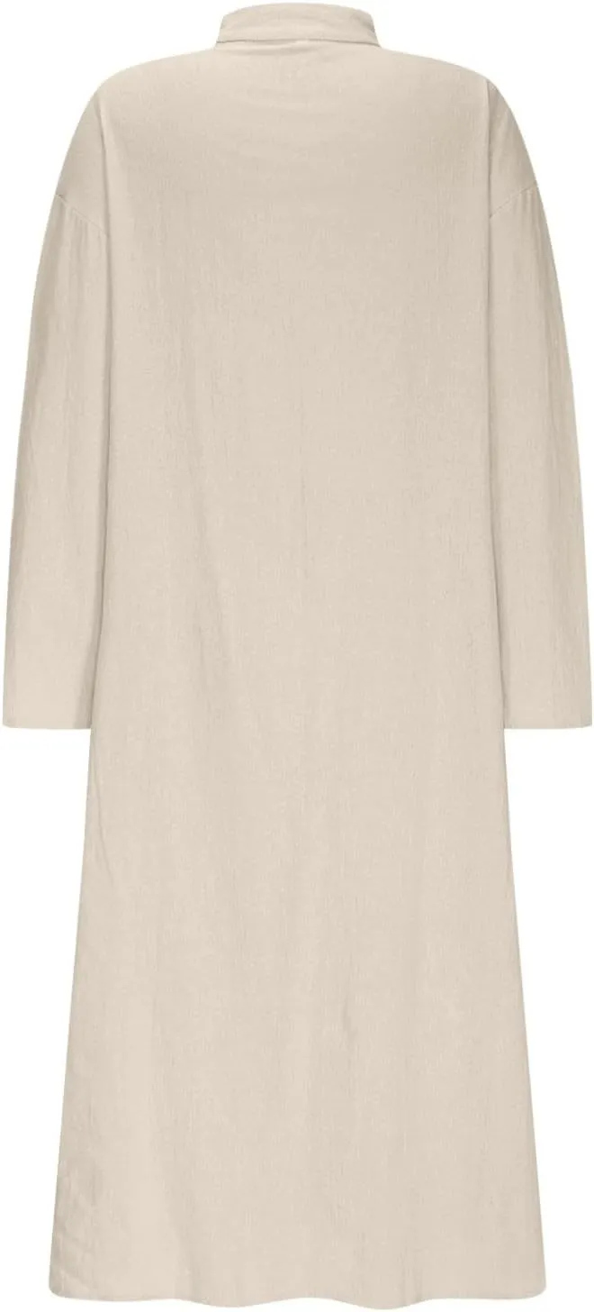 Lmdudan Linen Maxi Dress for Women Summer Lightweight Dress Loose V Neck Long Sleeve Casual Plus Size Dresses with Pockets