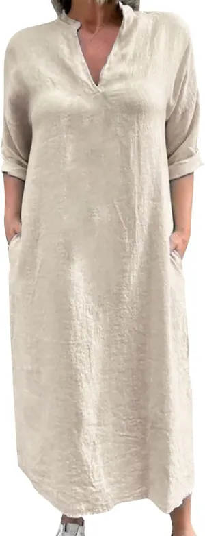 Lmdudan Linen Maxi Dress for Women Summer Lightweight Dress Loose V Neck Long Sleeve Casual Plus Size Dresses with Pockets