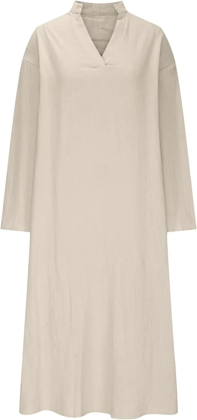 Lmdudan Linen Maxi Dress for Women Summer Lightweight Dress Loose V Neck Long Sleeve Casual Plus Size Dresses with Pockets