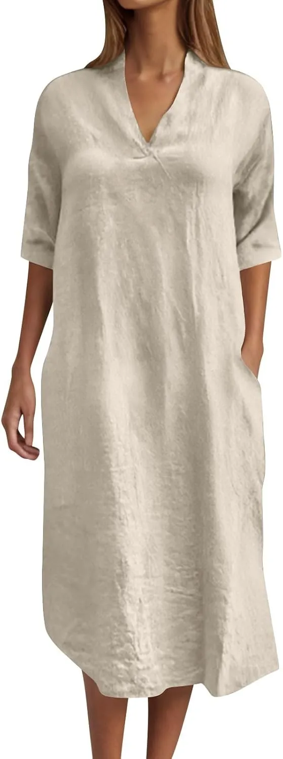 Lmdudan Linen Maxi Dress for Women Summer Lightweight Dress Loose V Neck Long Sleeve Casual Plus Size Dresses with Pockets