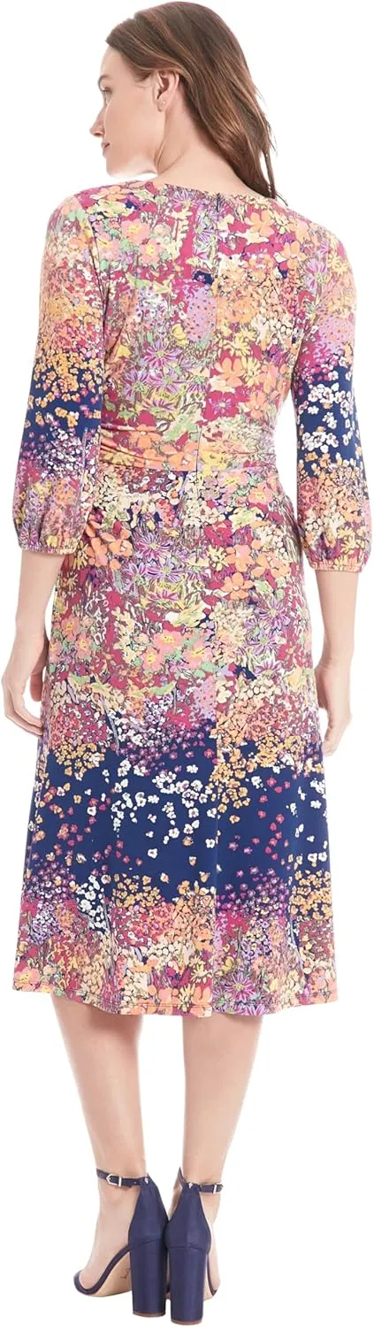London Times Versatile V-Neck, 3/4 Puff Sleeves, A-line Skirt Dress for Women