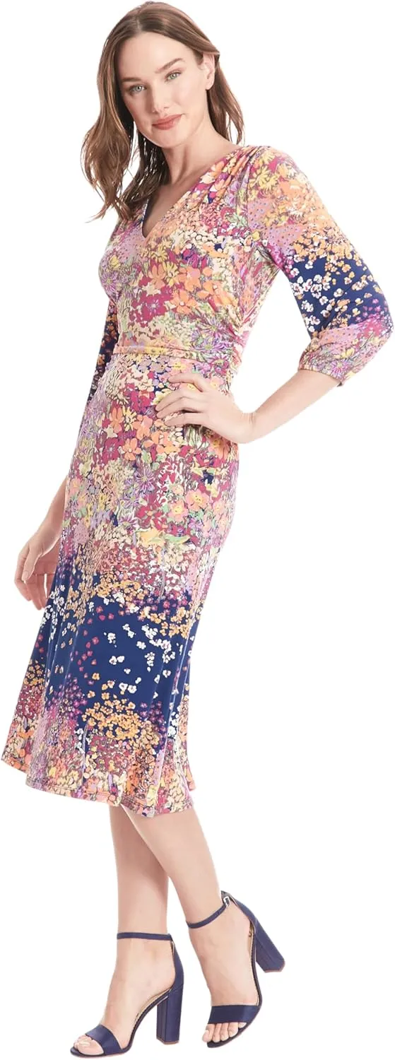 London Times Versatile V-Neck, 3/4 Puff Sleeves, A-line Skirt Dress for Women