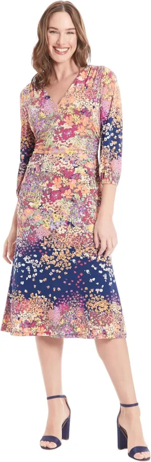 London Times Versatile V-Neck, 3/4 Puff Sleeves, A-line Skirt Dress for Women